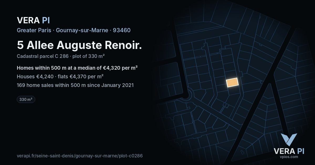 5 Allee Auguste Renoir, Gournay-sur-Marne at night – the plot lit, the parcels around coloured by the prices near them
