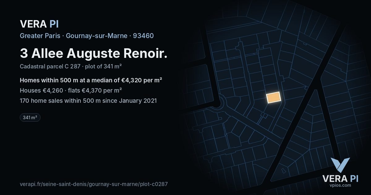 3 Allee Auguste Renoir, Gournay-sur-Marne at night – the plot lit, the parcels around coloured by the prices near them