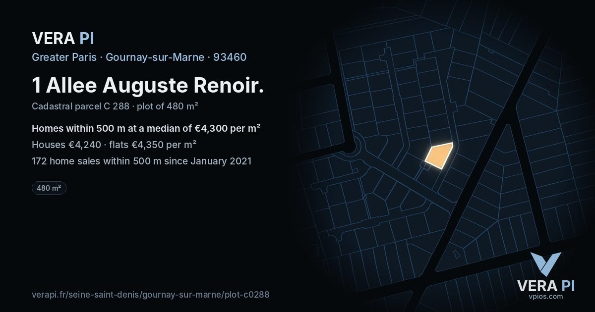 1 Allee Auguste Renoir, Gournay-sur-Marne at night – the plot lit, the parcels around coloured by the prices near them