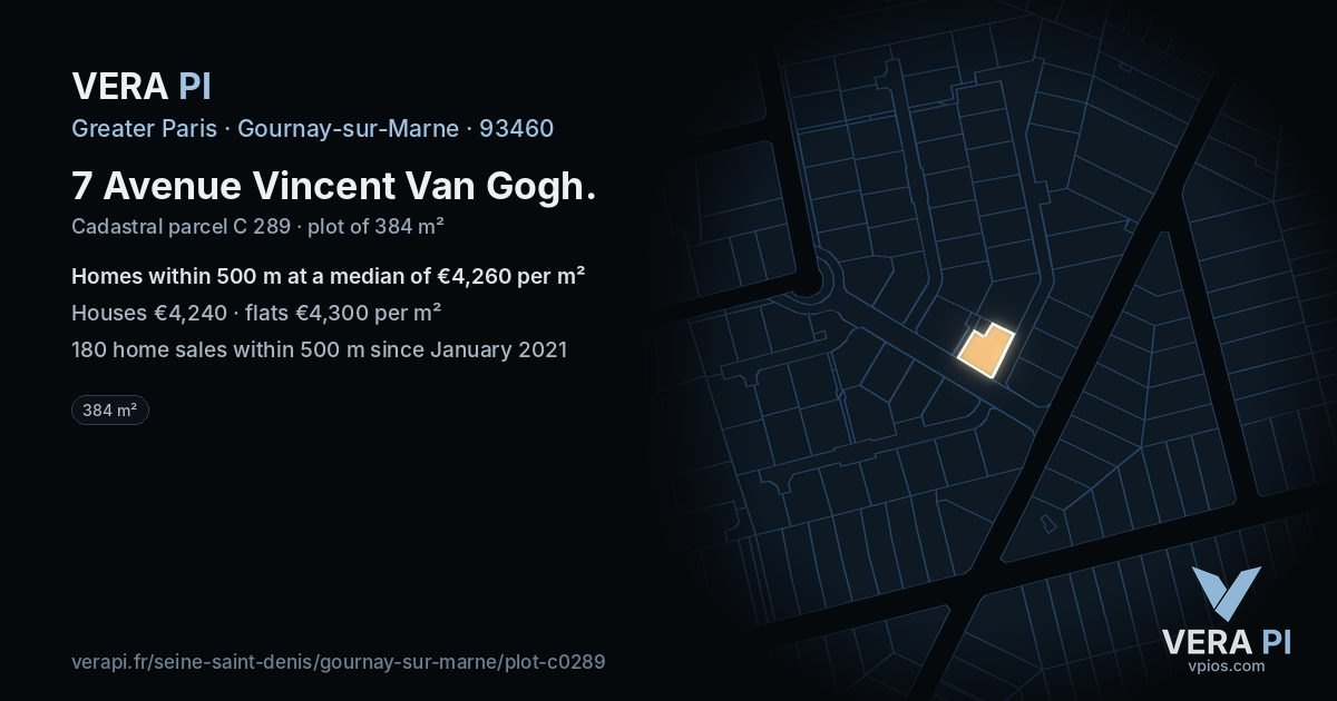 7 Avenue Vincent Van Gogh, Gournay-sur-Marne at night – the plot lit, the parcels around coloured by the prices near them