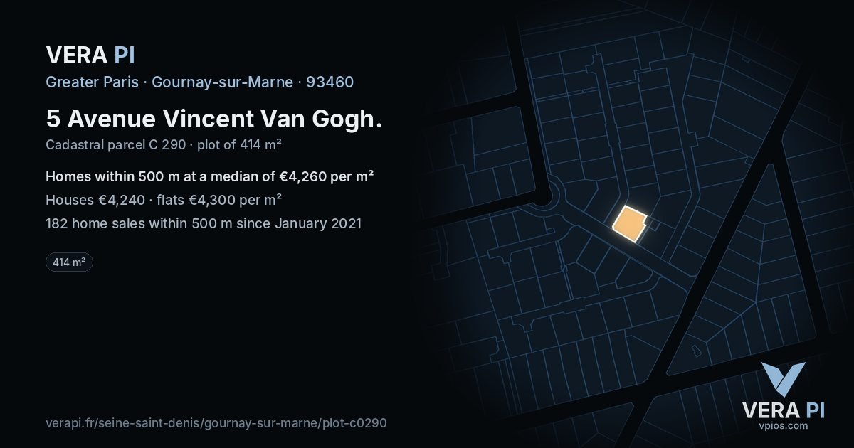 5 Avenue Vincent Van Gogh, Gournay-sur-Marne at night – the plot lit, the parcels around coloured by the prices near them