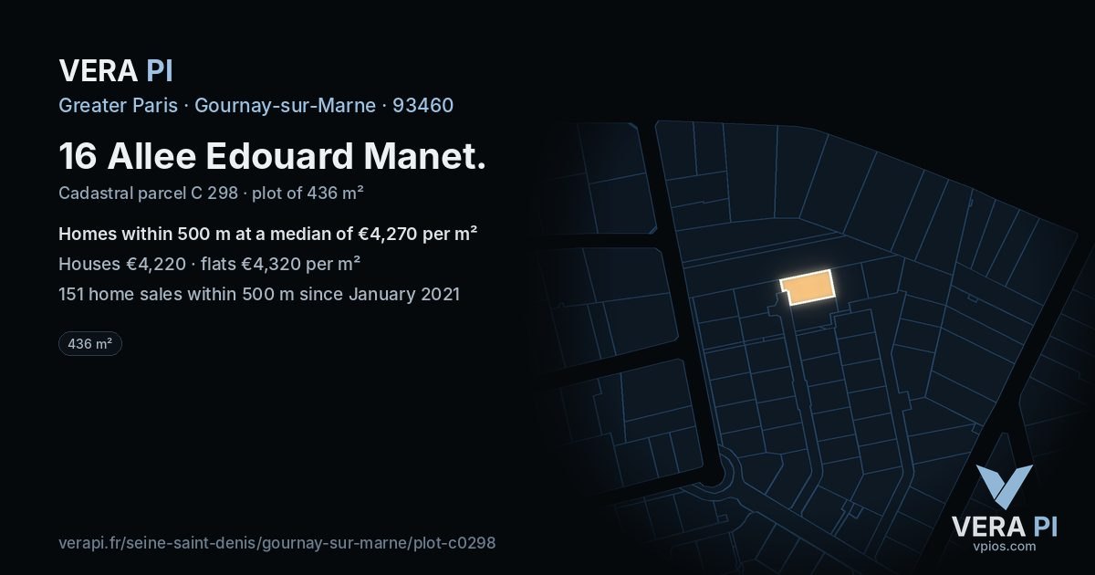 16 Allee Edouard Manet, Gournay-sur-Marne at night – the plot lit, the parcels around coloured by the prices near them