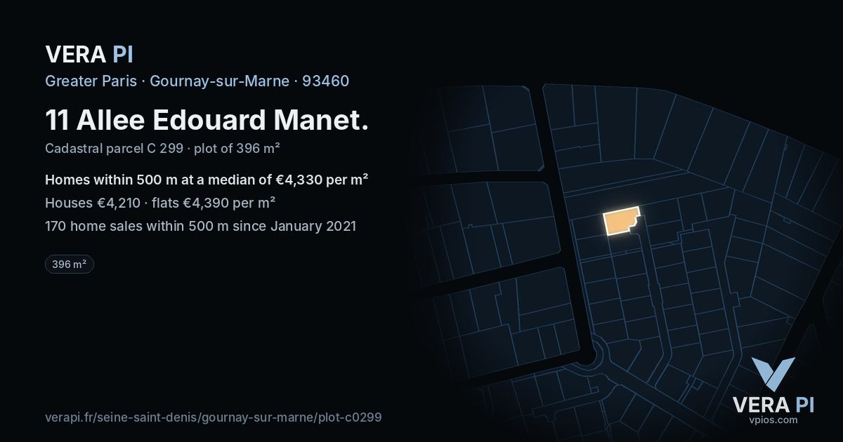 11 Allee Edouard Manet, Gournay-sur-Marne at night – the plot lit, the parcels around coloured by the prices near them