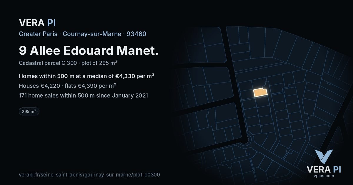 9 Allee Edouard Manet, Gournay-sur-Marne at night – the plot lit, the parcels around coloured by the prices near them