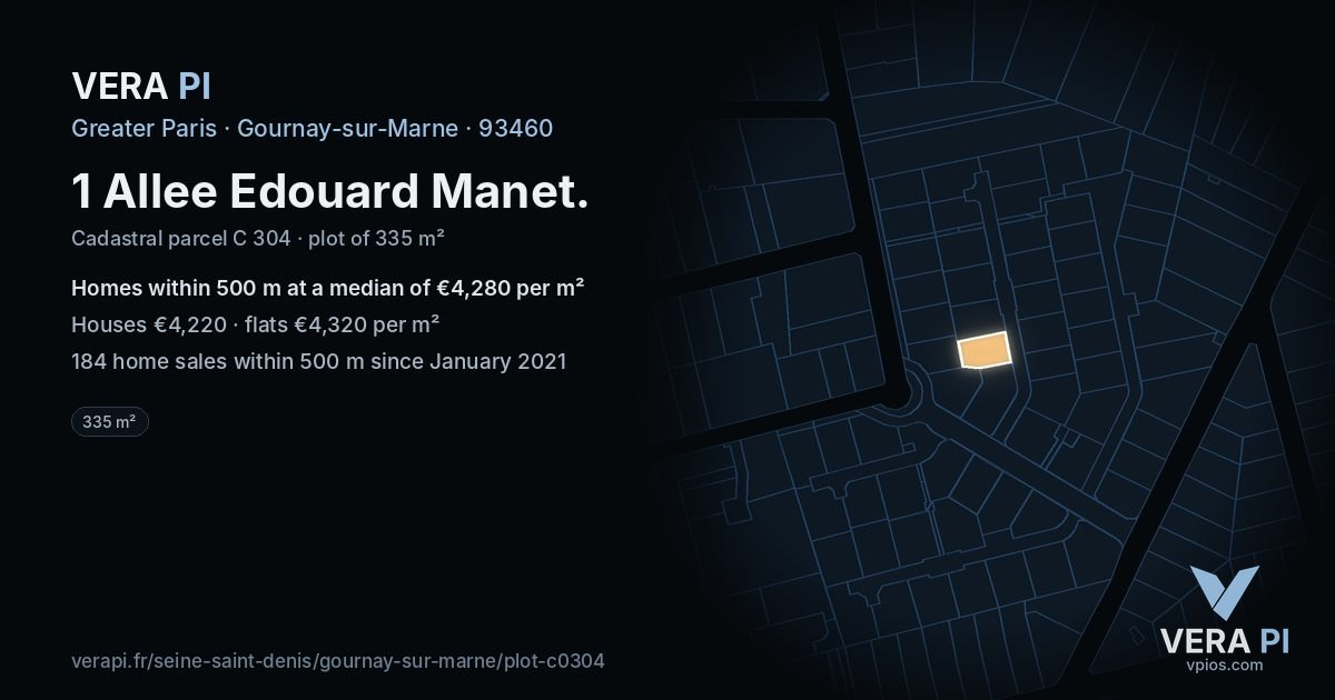 1 Allee Edouard Manet, Gournay-sur-Marne at night – the plot lit, the parcels around coloured by the prices near them