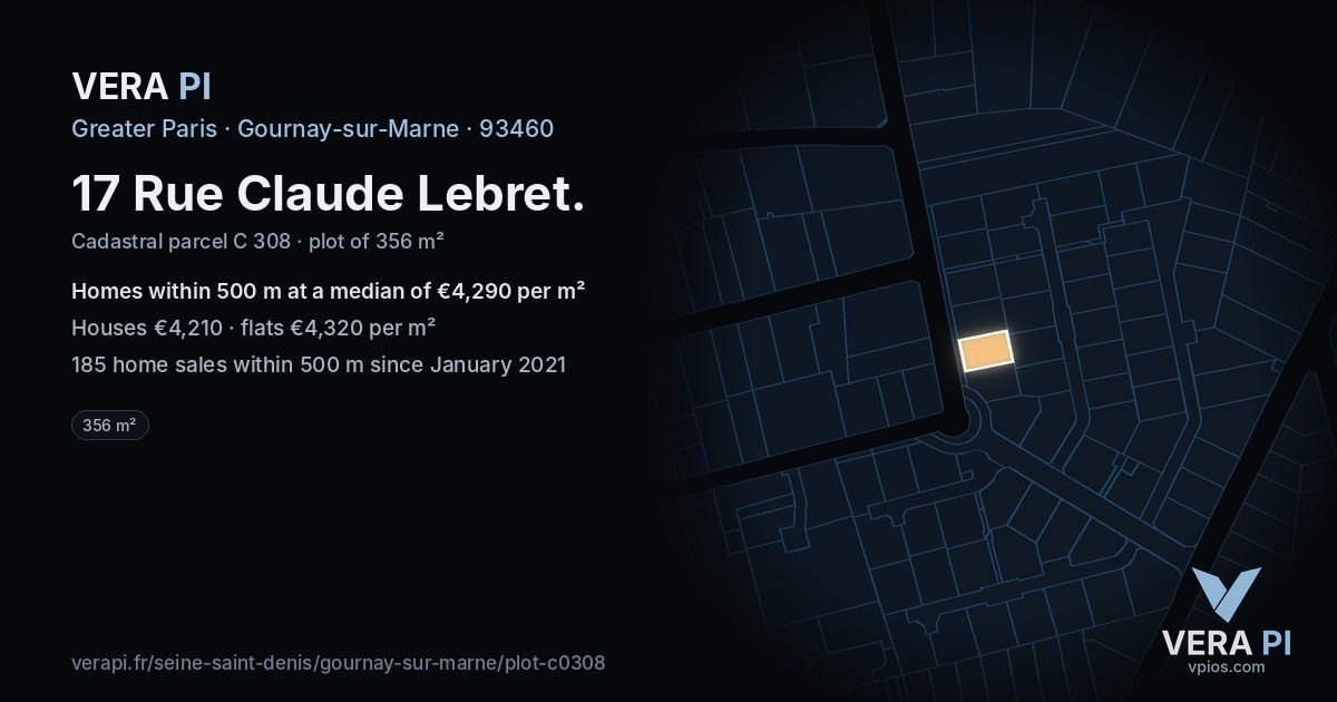 17 Rue Claude Lebret, Gournay-sur-Marne at night – the plot lit, the parcels around coloured by the prices near them
