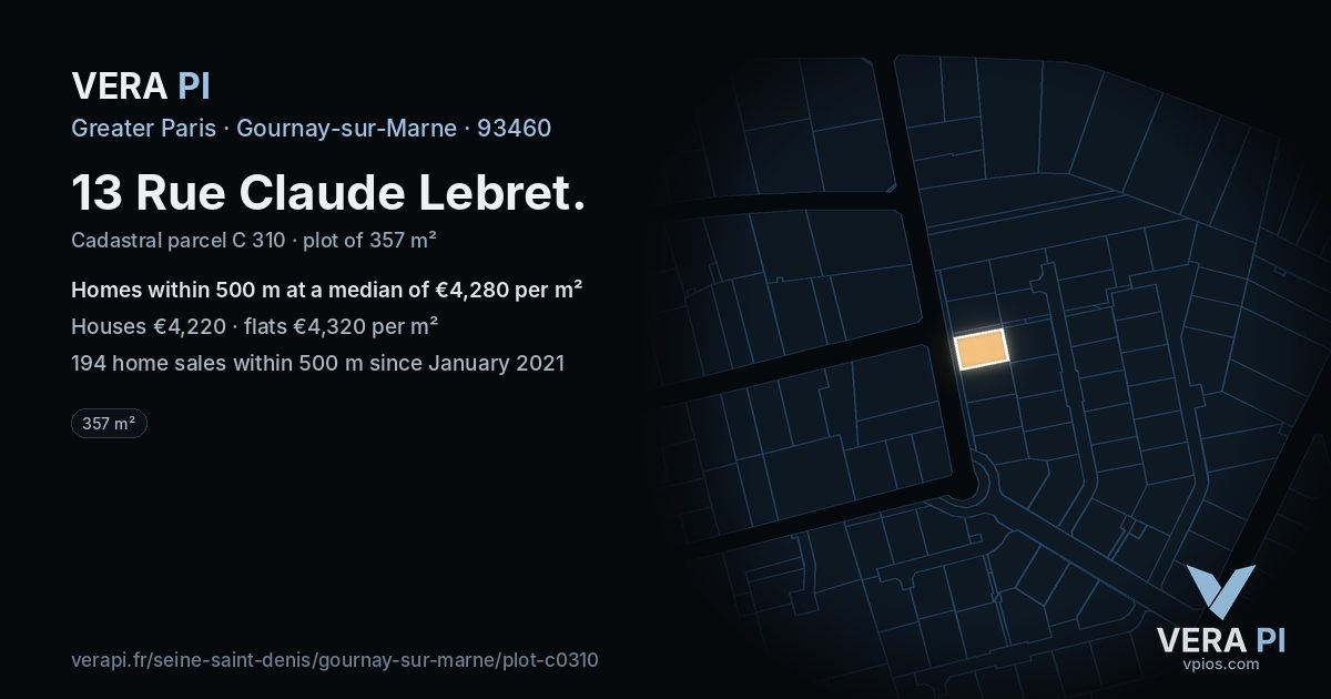 13 Rue Claude Lebret, Gournay-sur-Marne at night – the plot lit, the parcels around coloured by the prices near them