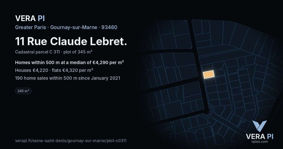 11 Rue Claude Lebret, Gournay-sur-Marne at night – the plot lit, the parcels around coloured by the prices near them