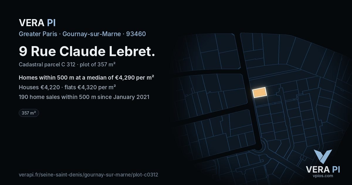 9 Rue Claude Lebret, Gournay-sur-Marne at night – the plot lit, the parcels around coloured by the prices near them