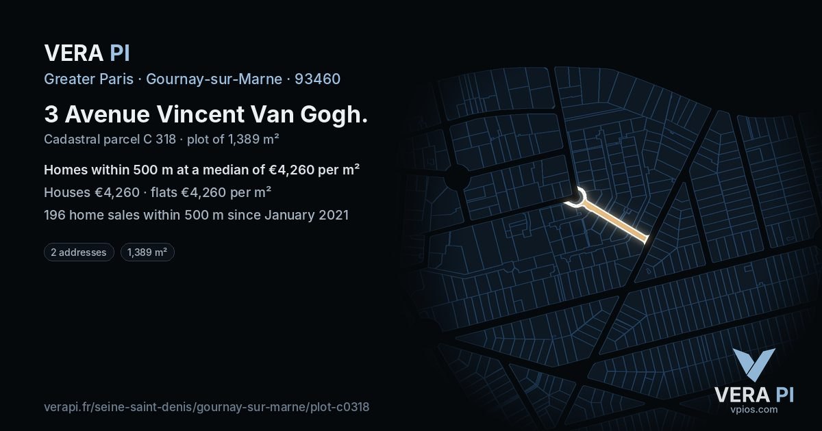 3 Avenue Vincent Van Gogh, Gournay-sur-Marne at night – the plot lit, the parcels around coloured by the prices near them