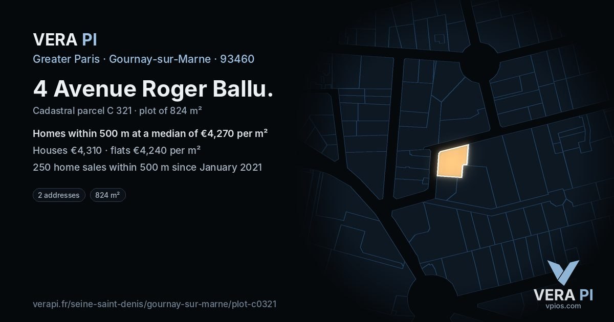 4 Avenue Roger Ballu, Gournay-sur-Marne at night – the plot lit, the parcels around coloured by the prices near them