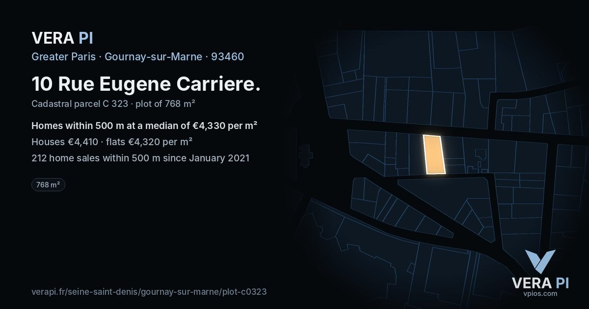 10 Rue Eugene Carriere, Gournay-sur-Marne at night – the plot lit, the parcels around coloured by the prices near them