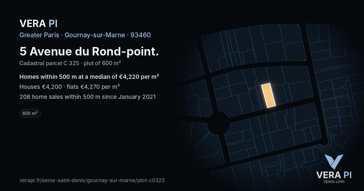 5 Avenue du Rond-point, Gournay-sur-Marne at night – the plot lit, the parcels around coloured by the prices near them
