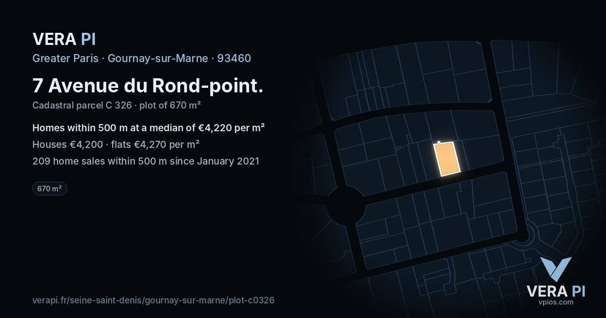 7 Avenue du Rond-point, Gournay-sur-Marne at night – the plot lit, the parcels around coloured by the prices near them