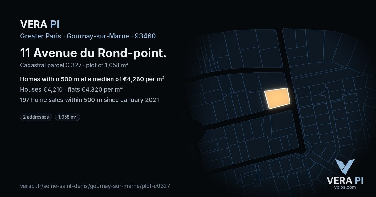 11 Avenue du Rond-point, Gournay-sur-Marne at night – the plot lit, the parcels around coloured by the prices near them
