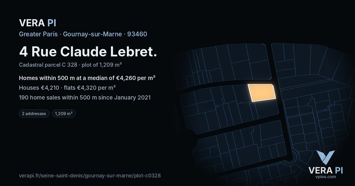 4 Rue Claude Lebret, Gournay-sur-Marne at night – the plot lit, the parcels around coloured by the prices near them