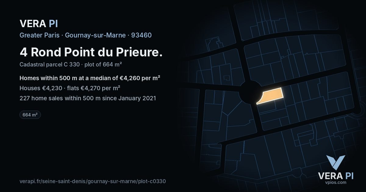 4 Rond Point du Prieure, Gournay-sur-Marne at night – the plot lit, the parcels around coloured by the prices near them