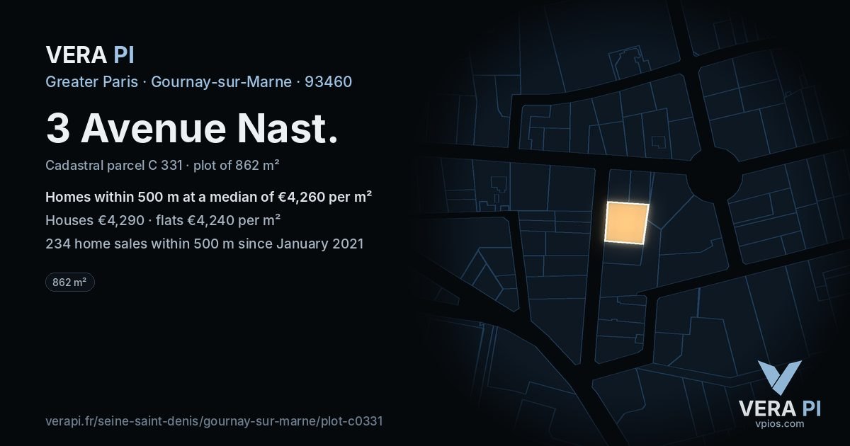 3 Avenue Nast, Gournay-sur-Marne at night – the plot lit, the parcels around coloured by the prices near them
