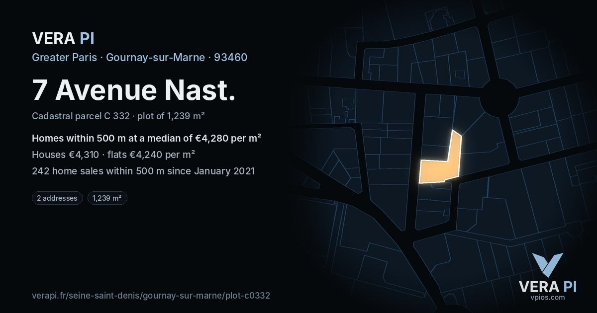 7 Avenue Nast, Gournay-sur-Marne at night – the plot lit, the parcels around coloured by the prices near them