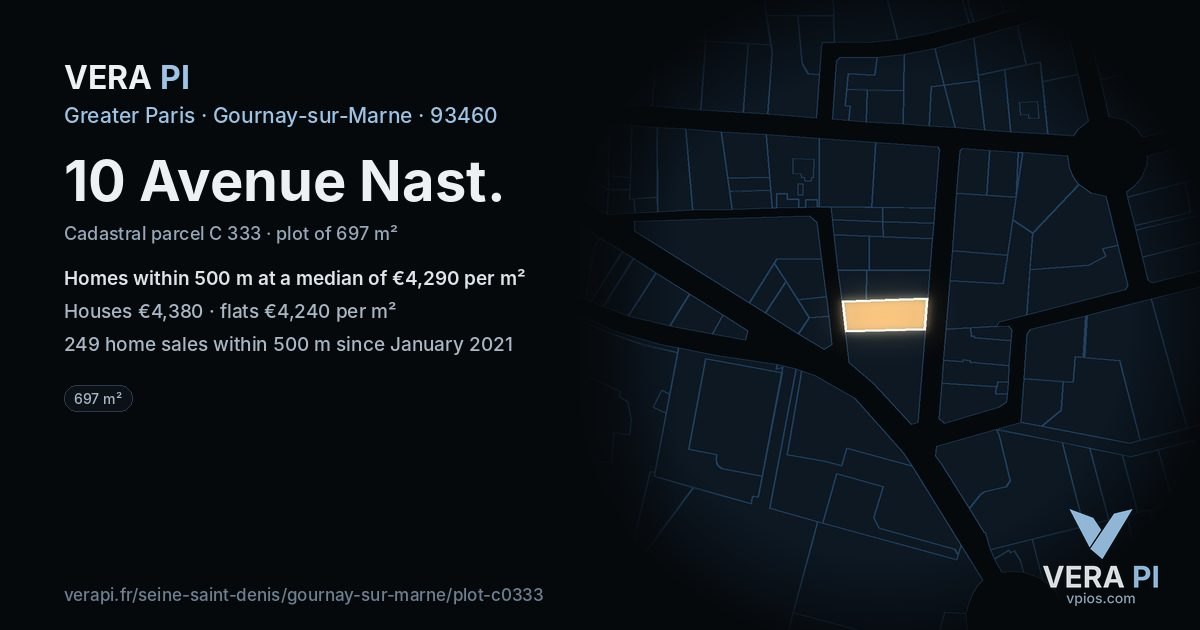 10 Avenue Nast, Gournay-sur-Marne at night – the plot lit, the parcels around coloured by the prices near them