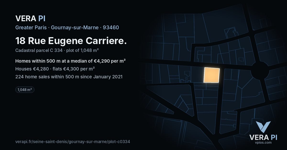 18 Rue Eugene Carriere, Gournay-sur-Marne at night – the plot lit, the parcels around coloured by the prices near them