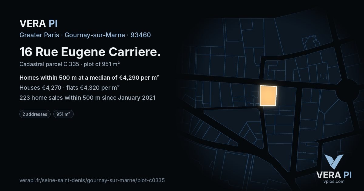 16 Rue Eugene Carriere, Gournay-sur-Marne at night – the plot lit, the parcels around coloured by the prices near them
