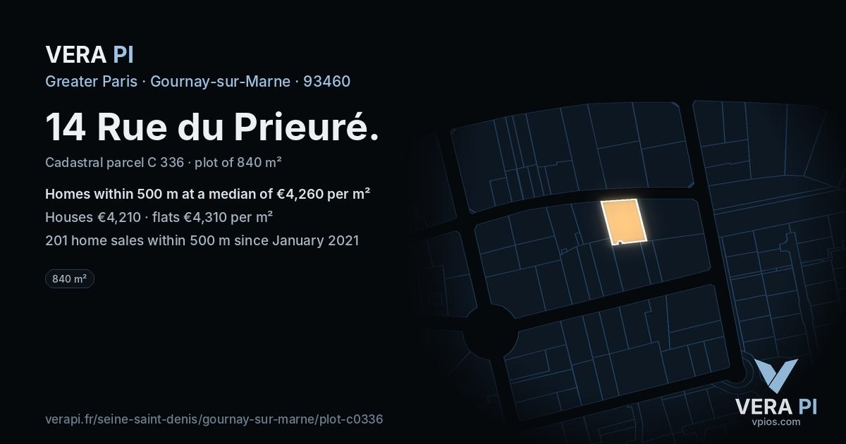 14 Rue du Prieuré, Gournay-sur-Marne at night – the plot lit, the parcels around coloured by the prices near them