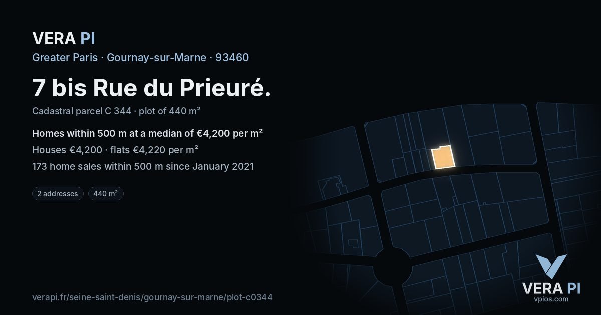 7 bis Rue du Prieuré, Gournay-sur-Marne at night – the plot lit, the parcels around coloured by the prices near them