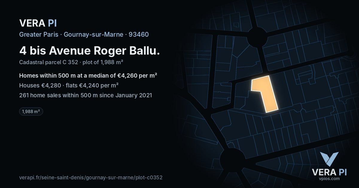 4 bis Avenue Roger Ballu, Gournay-sur-Marne at night – the plot lit, the parcels around coloured by the prices near them