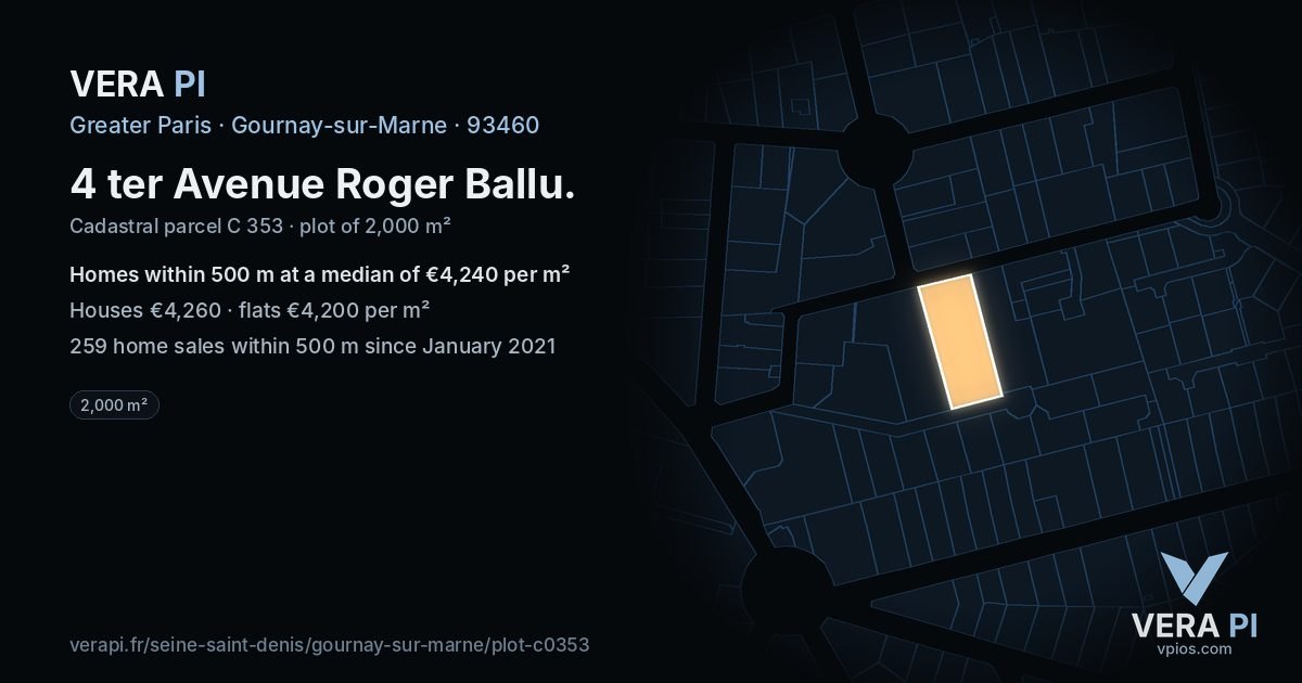 4 ter Avenue Roger Ballu, Gournay-sur-Marne at night – the plot lit, the parcels around coloured by the prices near them