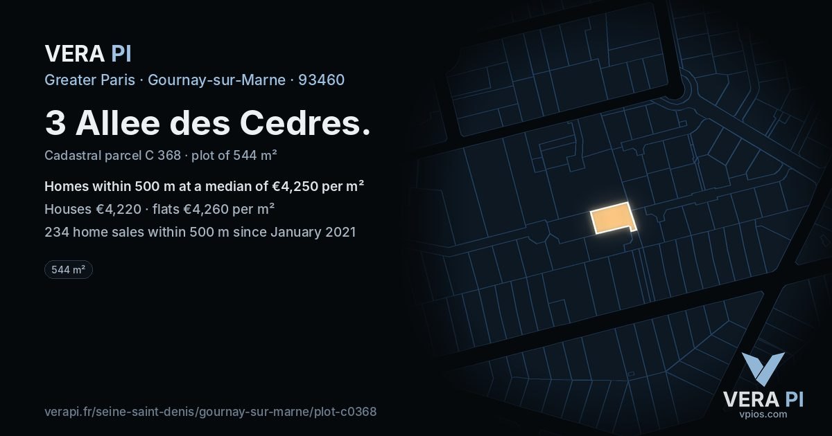 3 Allee des Cedres, Gournay-sur-Marne at night – the plot lit, the parcels around coloured by the prices near them