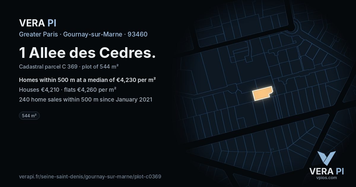 1 Allee des Cedres, Gournay-sur-Marne at night – the plot lit, the parcels around coloured by the prices near them