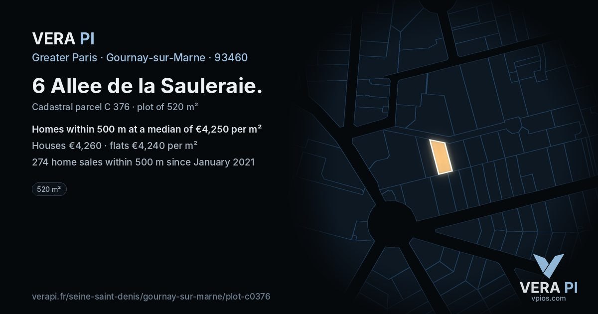6 Allee de la Sauleraie, Gournay-sur-Marne at night – the plot lit, the parcels around coloured by the prices near them