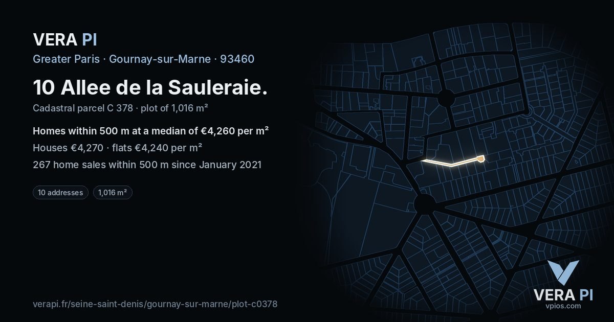 10 Allee de la Sauleraie, Gournay-sur-Marne at night – the plot lit, the parcels around coloured by the prices near them