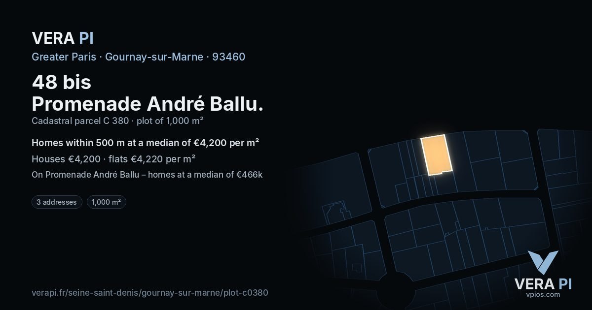 48 bis Promenade André Ballu, Gournay-sur-Marne at night – the plot lit, the parcels around coloured by the prices near them