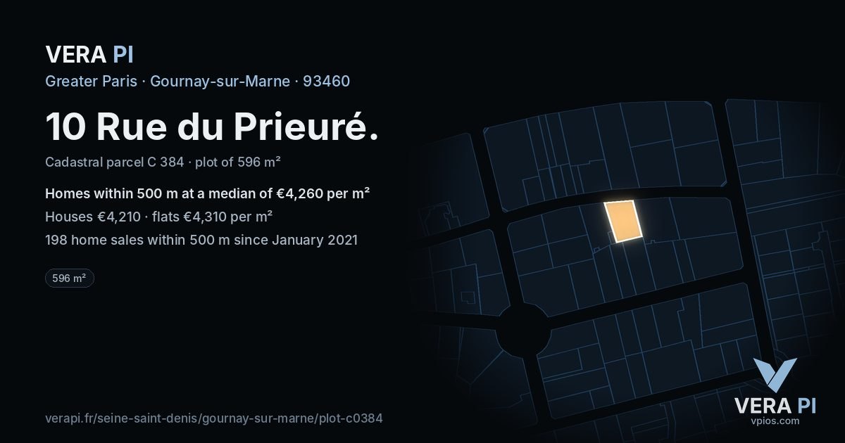 10 Rue du Prieuré, Gournay-sur-Marne at night – the plot lit, the parcels around coloured by the prices near them