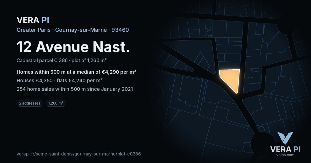 12 Avenue Nast, Gournay-sur-Marne at night – the plot lit, the parcels around coloured by the prices near them