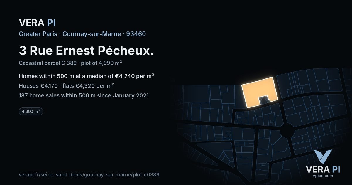3 Rue Ernest Pécheux, Gournay-sur-Marne at night – the plot lit, the parcels around coloured by the prices near them
