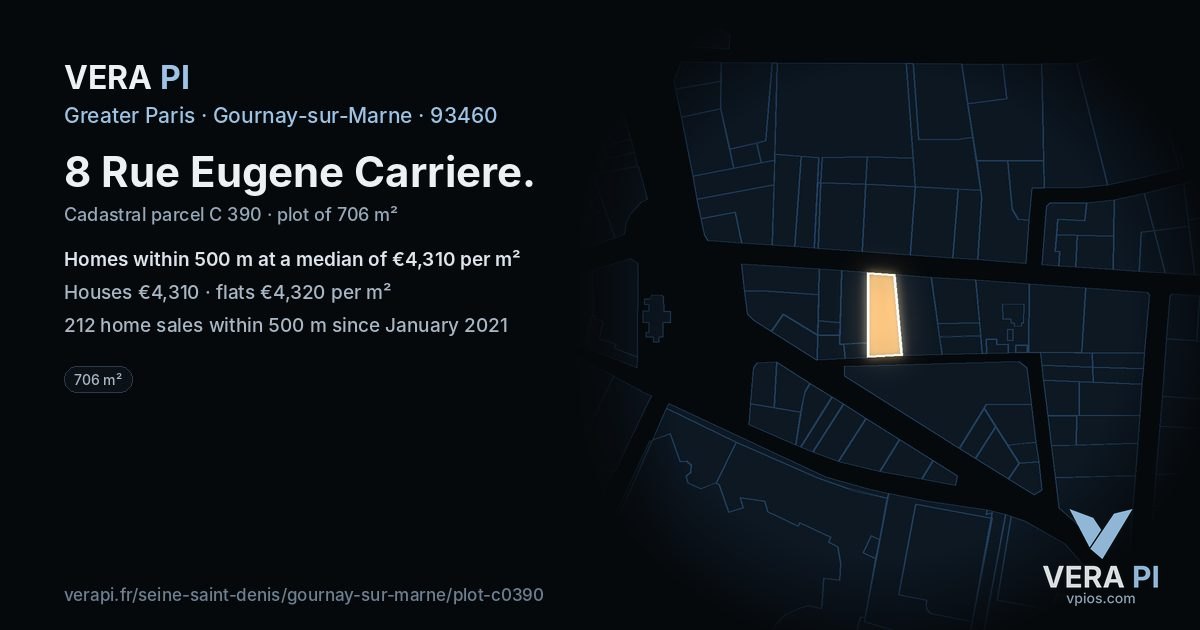8 Rue Eugene Carriere, Gournay-sur-Marne at night – the plot lit, the parcels around coloured by the prices near them