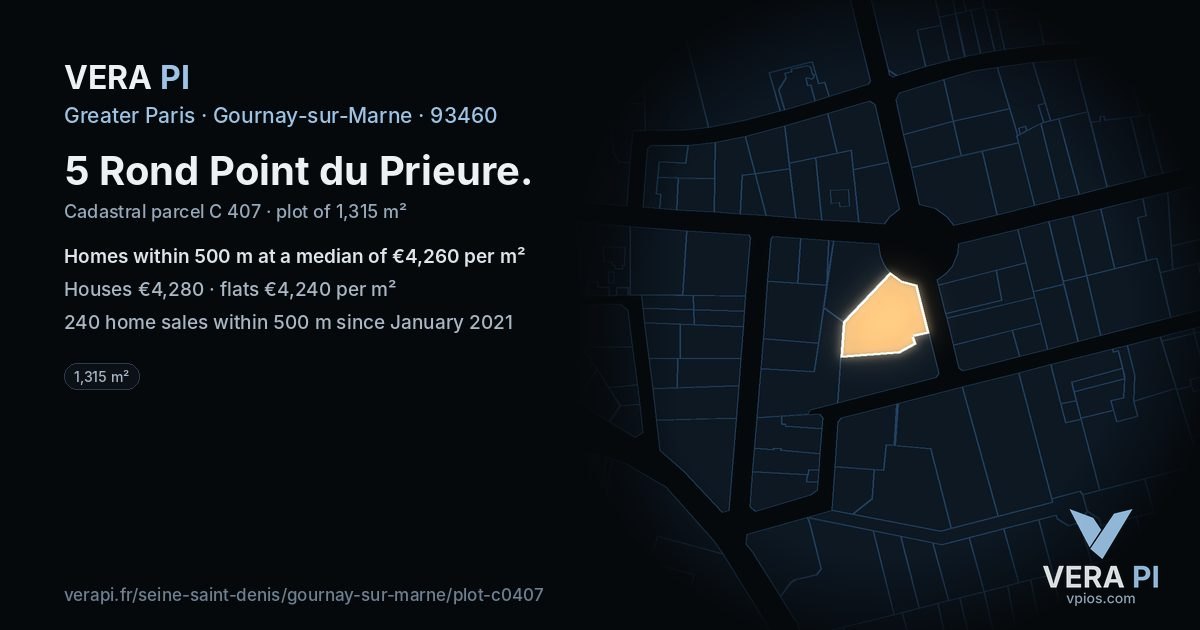 5 Rond Point du Prieure, Gournay-sur-Marne at night – the plot lit, the parcels around coloured by the prices near them