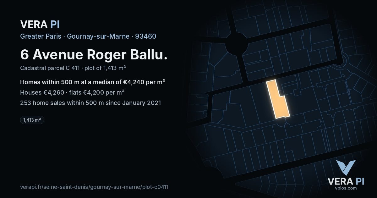 6 Avenue Roger Ballu, Gournay-sur-Marne at night – the plot lit, the parcels around coloured by the prices near them