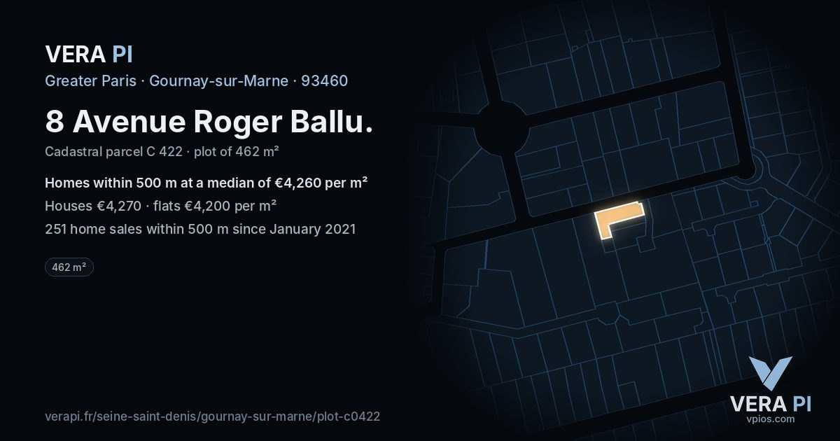 8 Avenue Roger Ballu, Gournay-sur-Marne at night – the plot lit, the parcels around coloured by the prices near them