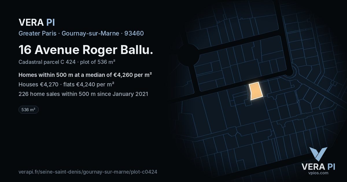 16 Avenue Roger Ballu, Gournay-sur-Marne at night – the plot lit, the parcels around coloured by the prices near them