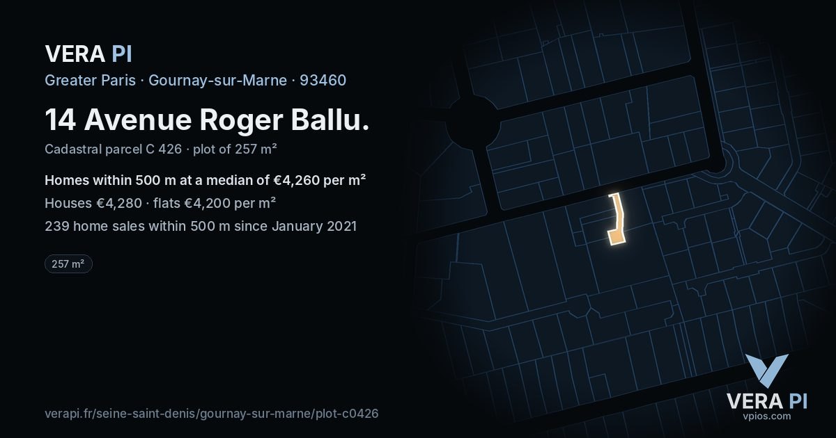 14 Avenue Roger Ballu, Gournay-sur-Marne at night – the plot lit, the parcels around coloured by the prices near them