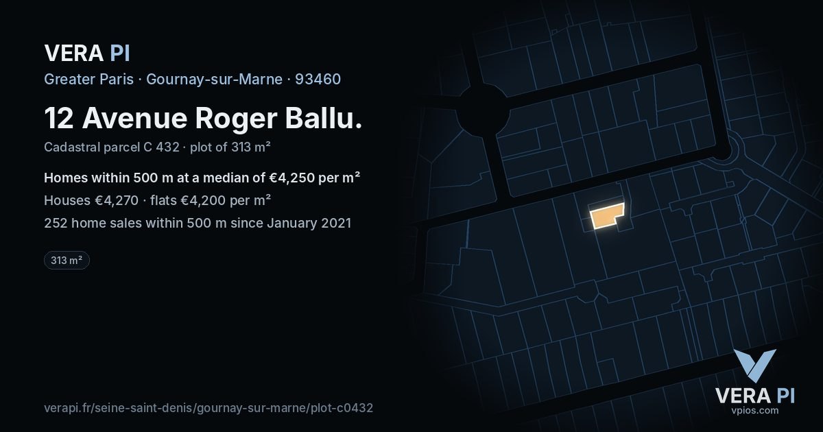 12 Avenue Roger Ballu, Gournay-sur-Marne at night – the plot lit, the parcels around coloured by the prices near them