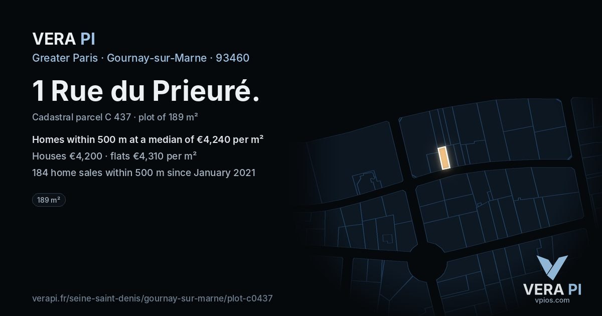 1 Rue du Prieuré, Gournay-sur-Marne at night – the plot lit, the parcels around coloured by the prices near them