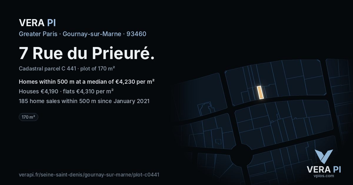 7 Rue du Prieuré, Gournay-sur-Marne at night – the plot lit, the parcels around coloured by the prices near them