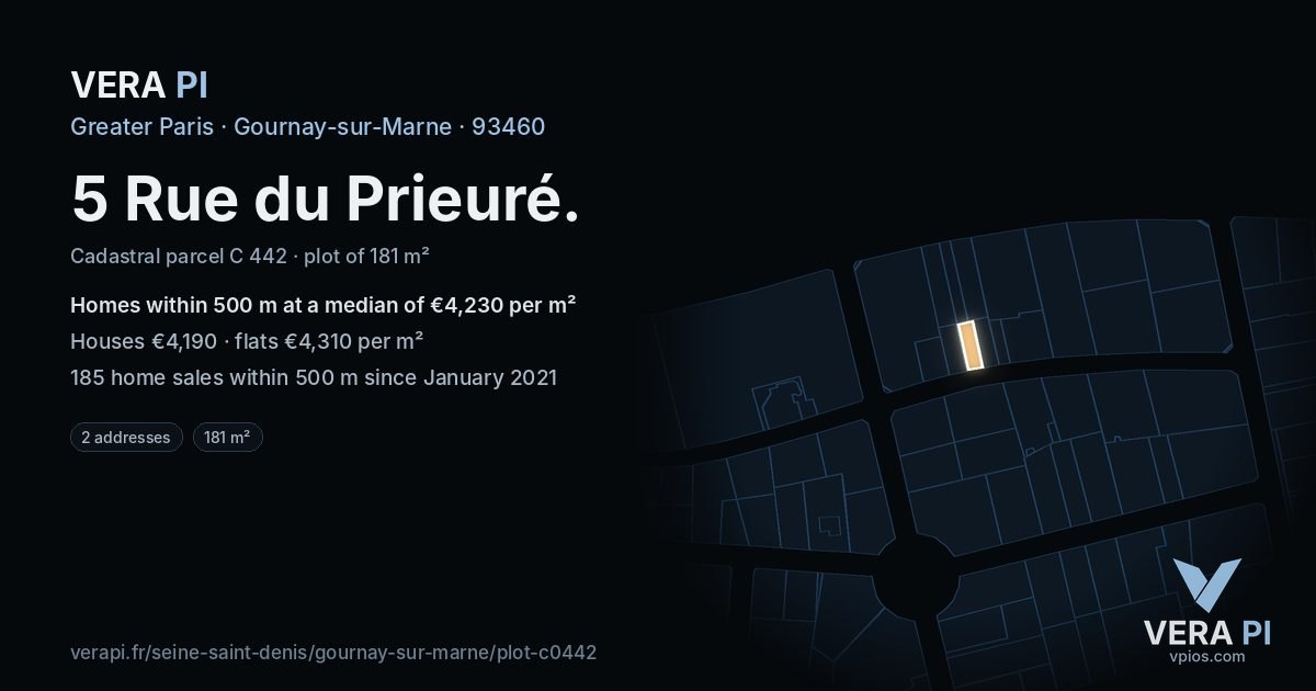 5 Rue du Prieuré, Gournay-sur-Marne at night – the plot lit, the parcels around coloured by the prices near them