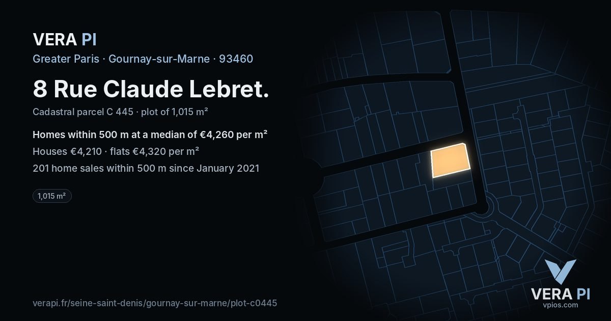 8 Rue Claude Lebret, Gournay-sur-Marne at night – the plot lit, the parcels around coloured by the prices near them