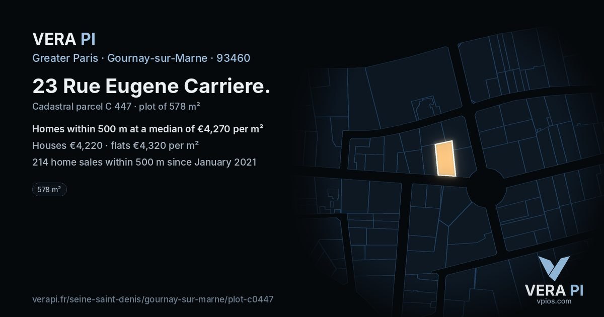 23 Rue Eugene Carriere, Gournay-sur-Marne at night – the plot lit, the parcels around coloured by the prices near them